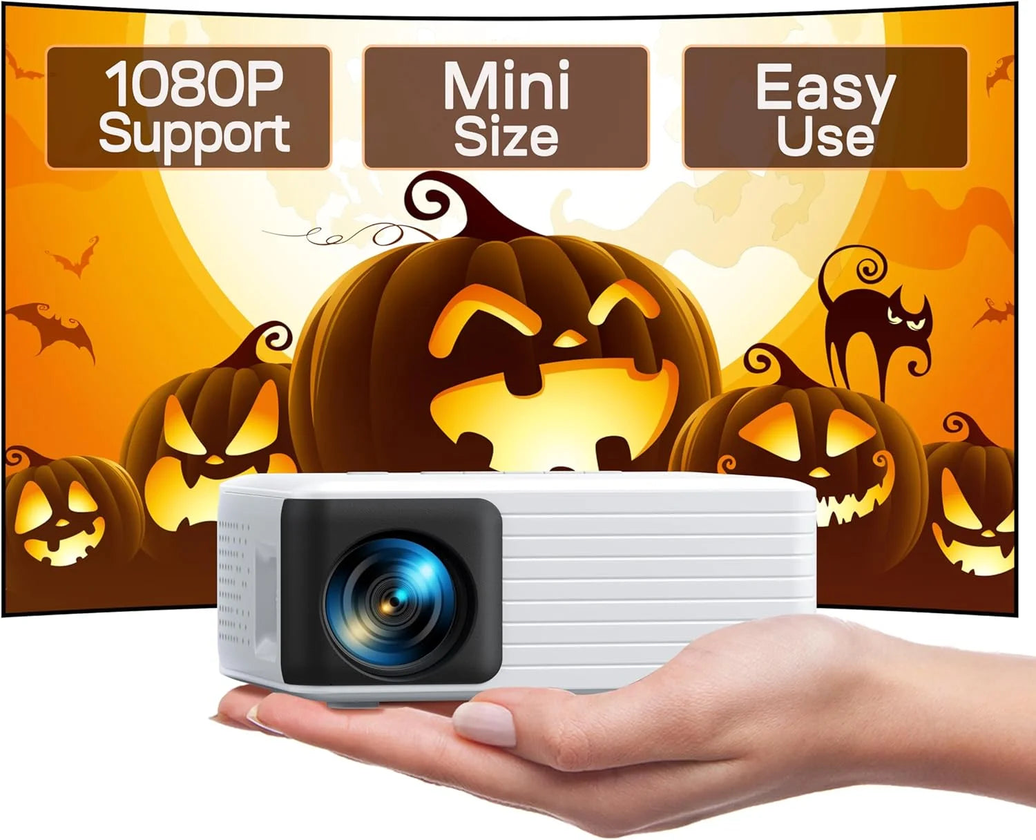 Compact Full HD Mini Projector with WiFi & Bluetooth - Ultimate Home Theater Experience in White